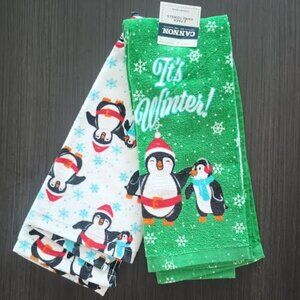 CANNON TWO PACK CHRISTMAS PENGUINS VELOUR KITCHEN HAND TOWELS 15" X 25" NWT